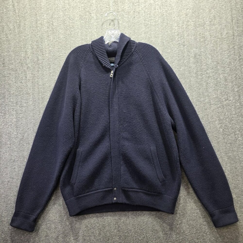 Polo Ralph Lauren Sweater Mens XL Navy 100% Wool Full Zip Mock Neck Pockets